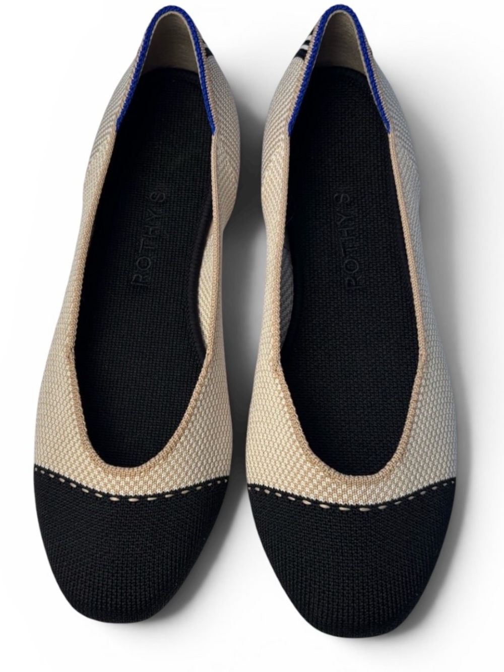 NEW Rothy's The Square Tuxedo Beige & Black Size 7 Knit Cap Toe Ballet Flats